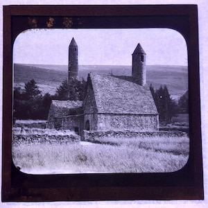 Antique Glass Black and White Magic Lantern Slide, by Early 20th century Slide, Ireland The Round Tower, Glendalough