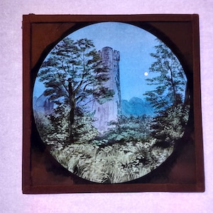 Antique Glass Magic Lantern Slide, by Early 20th century Colourful Slide, Tower in the Woods