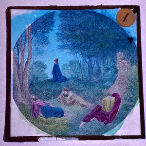 May include: Antique illustration of a forest scene with figures. A person in a blue gown stands on a hill, while three figures rest below. The artwork is framed in a dark border and has a circular design.