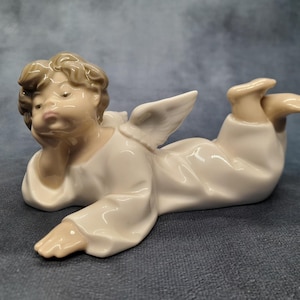 Lladro Porcelain Figurine, Spanish Porcelain Laying Cherub, Resting Angel Figurine