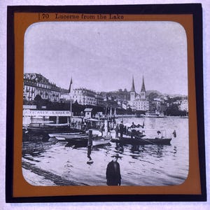 Antique Glass Black and White Magic Lantern Slide, by Early 20th century Slide, Lucerne from the Lake