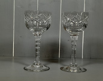 Pair of Heavy Cut Crystal Hock Wine Glasses - Vintage Drinking Glasses