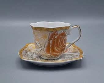 Rose Flower Espresso Coffee Cup and Saucer, Vintage Tea Cup