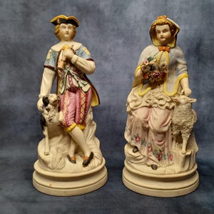 Pair of Antique Figurines, Late 19th Century Porcelain, Victorian Lady & Gentleman Figurines