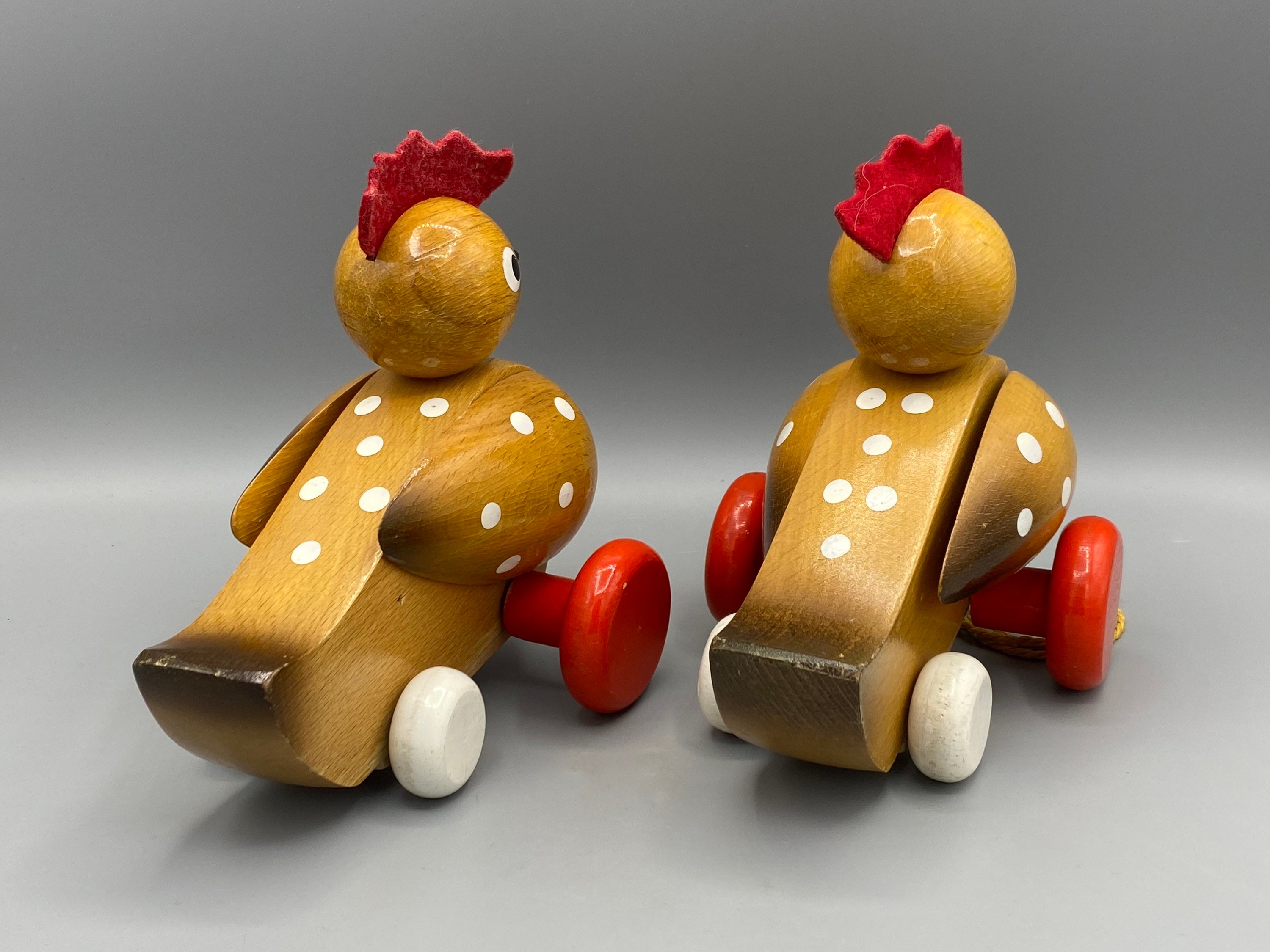 Pair of Hand Painted 1970s Czechoslovak Wooden Pull Along Chickens