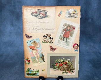 Antique Victorian Scrapbook Page – Double Sided Ephemera Collage Sheet – 19th Century Die Cut Prints, Chromolithograph Illustrations
