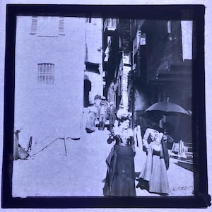 Antique Glass Black and White Magic Lantern Slide, by Early 20th century Slide, Edwardian People Walking the Streets