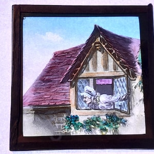 Antique Glass Magic Lantern Slide, by Early 20th century Colourful Slide, The Castle Clock, Old Lady Looking out a Window