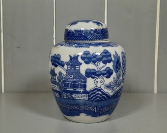 Vintage Chinese Ginger Jar, Blue and White Porcelain, Signed base Chinese Kitchen Storage Jar