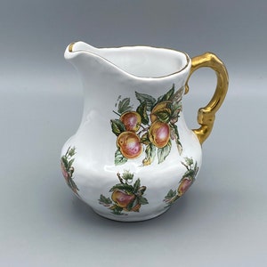 Vintage Fruit Patterned Creamer / Milk Jug With Gold Gilded Handle.