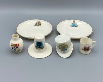6 Miniature Crested China Ornaments, Antique Crested China, Goss Etc