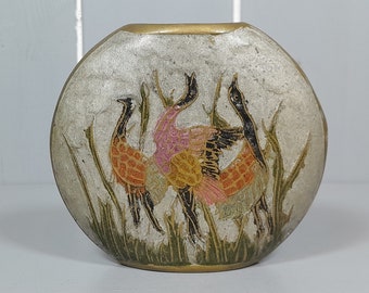 Miniature Enamelled Brass Vase, 3 Birds Pictured 8.8cm