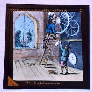 Antique Glass Magic Lantern Slide, by Early 20th century Colourful Slide, The Castle Clock