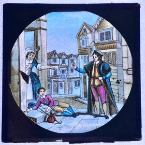 Antique Glass Magic Lantern Slide, Early 20th Century Colourful Slide, Ongoing Dispute in the Streets