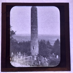 Antique Glass Black and White Magic Lantern Slide, by Early 20th century Slide, Ireland The Round Tower