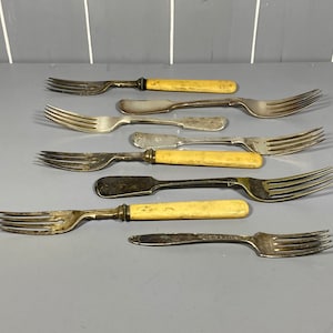 May include: A set of eight vintage silver forks with ivory handles. The forks are in various sizes and styles, and some have ornate designs.