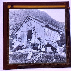 Antique Glass Black and White Magic Lantern Slide, by Prospectors by Log Cabin Around a Fire