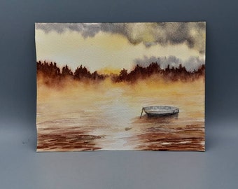 水彩画、夕暮れの水上の楽しい小さなボート 22.5 x 27.5 cm - Etsy 日本