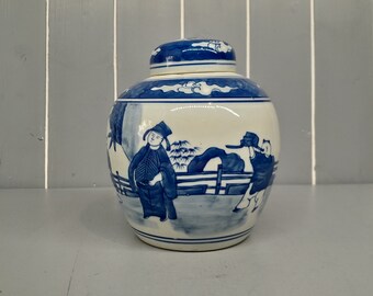 Old Chinese Ginger Jar, Blue and White Porcelain, Signed base Chinese Kitchen Storage Jar