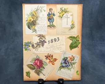 Antique Victorian Scrapbook Page – Double Sided Ephemera Collage Sheet – 19th Century Die Cut Prints, Chromolithograph Illustrations
