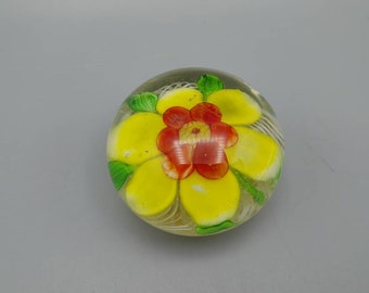 Hand Made Paperweight, with Red, Green and Yellow Flower Pattern inside