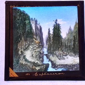 Antique Glass Magic Lantern Slide, by Early 20th century Colourful Slide, The Castle Clock, Village