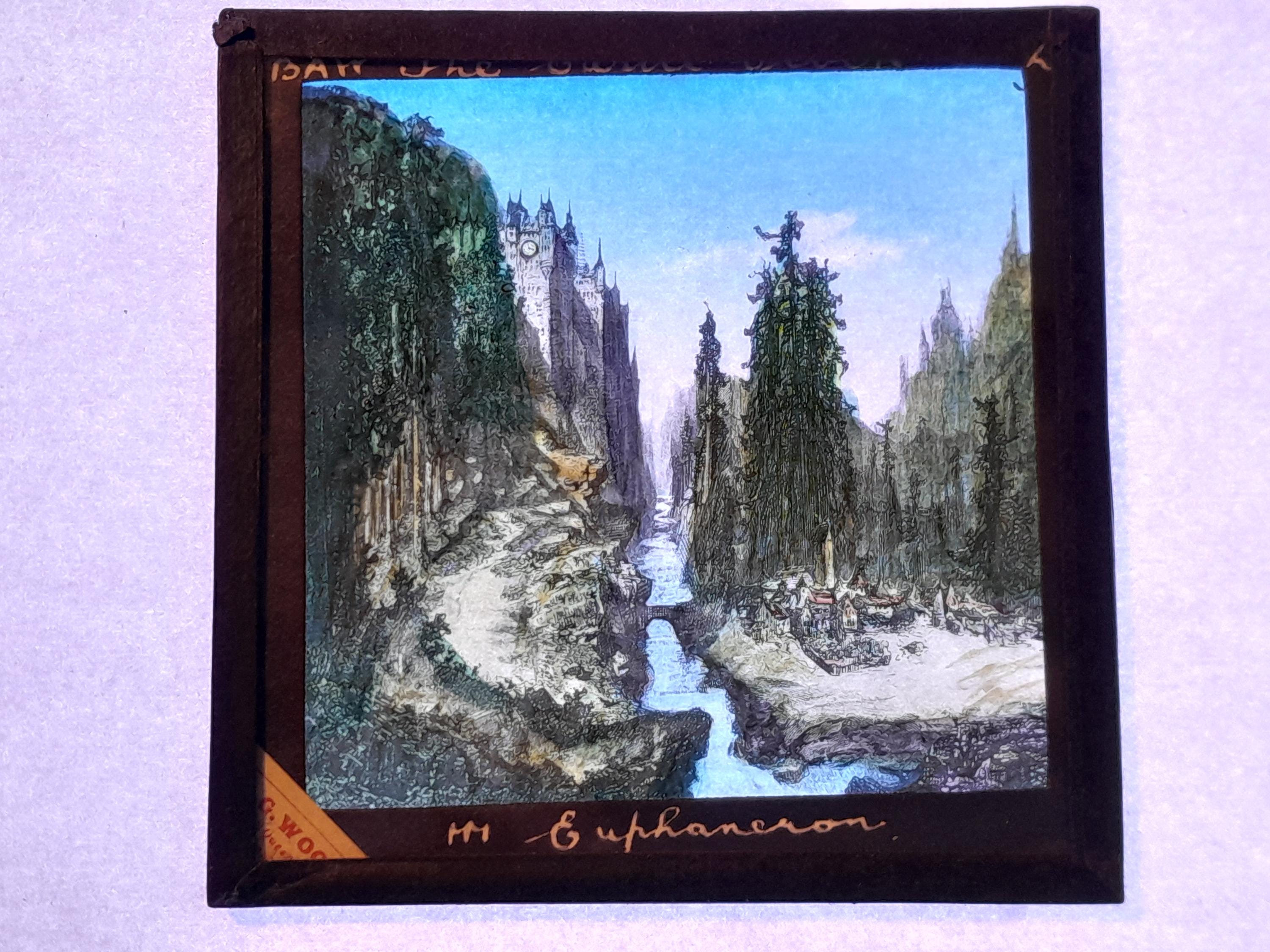 Antique Glass Magic Lantern Slide, by Early 20th century Colourful Slide, The Castle Clock, Village