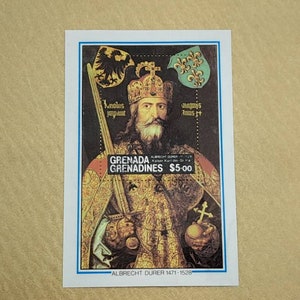 May include: A vintage postage stamp from Grenada and the Grenadines featuring a portrait of Emperor Charles V by Albrecht Dürer. The stamp is worth $5.00.
