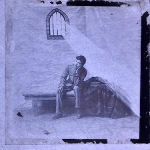 Antique Glass Black and White Magic Lantern Slide, by Early 20th century Slide, Edwardian Man in Prison Cell