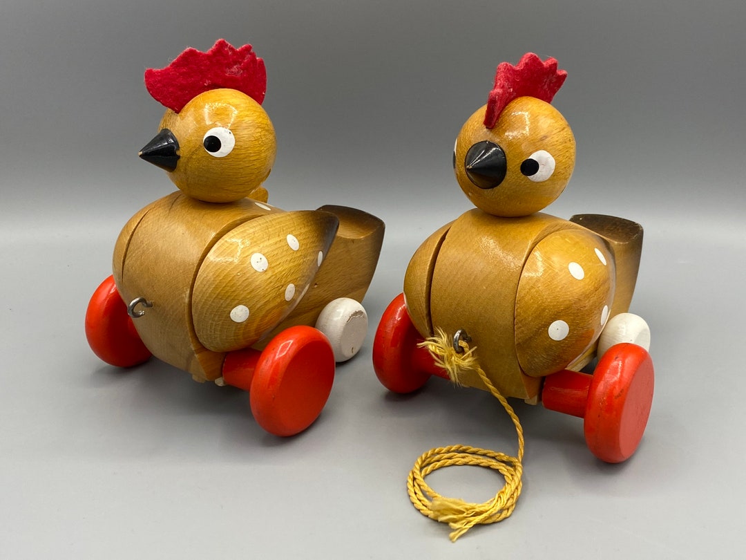 Pair of Hand Painted 1970s Czechoslovak Wooden Pull Along Chickens