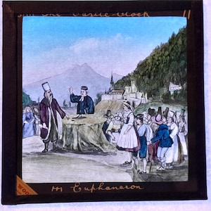 Antique Glass Magic Lantern Slide, by Early 20th century Colourful Slide, The Castle Clock, Town Meeting