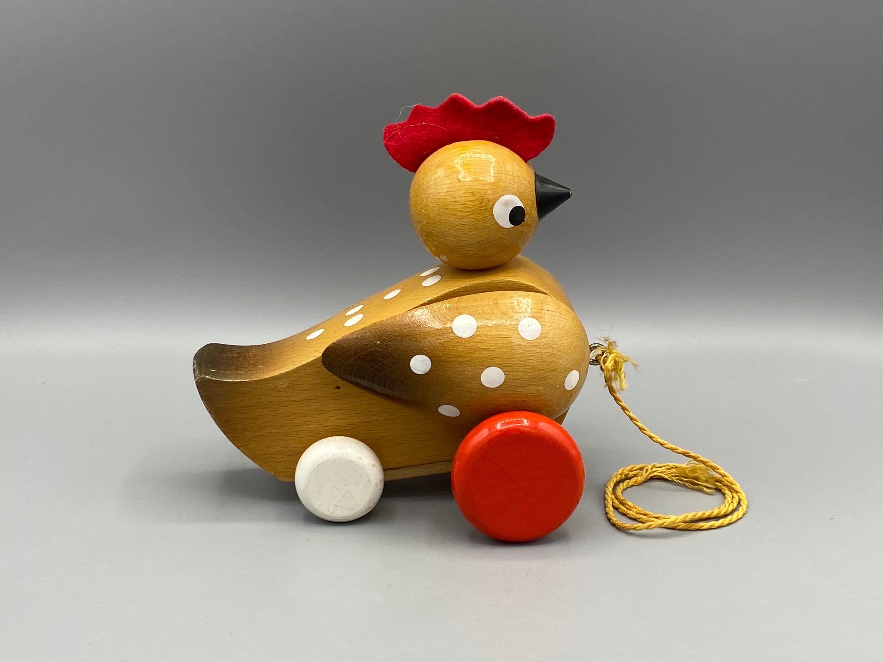 Pair of Hand Painted 1970s Czechoslovak Wooden Pull Along Chickens