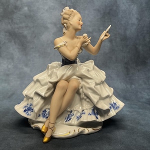 Large Wallendorf 1764 Ballerina Seated in Rococo Dress | Rare Colbat Blue Figurine | Circa 1960’s Germany | Premium Porcelain Figure