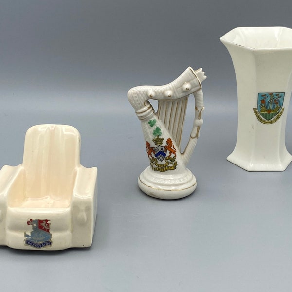 Assorted Coat of Arms, Ceramic Figures.  Harp,  Armchair and Vase