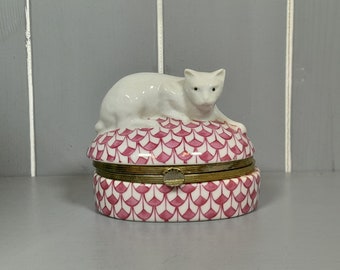 Ceramic Cat Trinket Pot With Hinged Lid, White and Pink