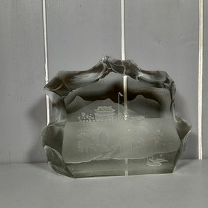 Etched Relief Glass Paperweight, Vintage Paperweight