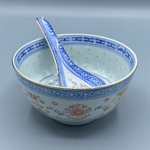 Vintage Chinese Rice Ware Bowl, With Matching Spoon