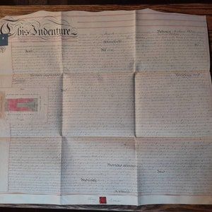 Escritura de contrato victoriana, antiguo contrato bellamente escrito a mano en papel vitela, 1 de marzo de 1853