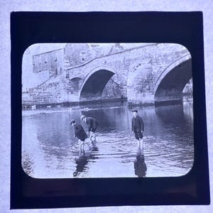 Antique Glass Black and White Magic Lantern Slide, by Early 20th century Slide, Edwardian Children Playing in a River