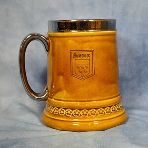 Puede incluir: Una jarra de cerveza de cerámica marrón con un borde y un asa plateados. La jarra tiene un diseño floral alrededor de la base y la palabra "Sussex" con un escudo en el centro.