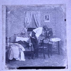 Antique Glass Black and White Magic Lantern Slide, by Early 20th century Slide, Edwardian Dramatised scene
