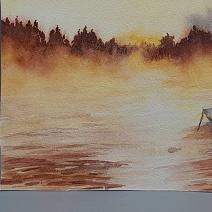 May include: A watercolor painting of a small boat on a calm lake with a misty, golden sunset in the background.