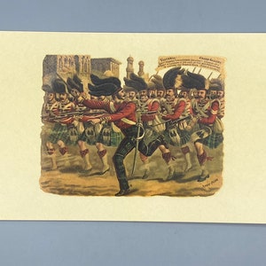 May include: A vintage postcard showing a group of soldiers in kilts and military uniforms marching in a city street. The soldiers are carrying rifles and are in formation. The postcard is titled "Victoria" and "Charge of the Highlanders".