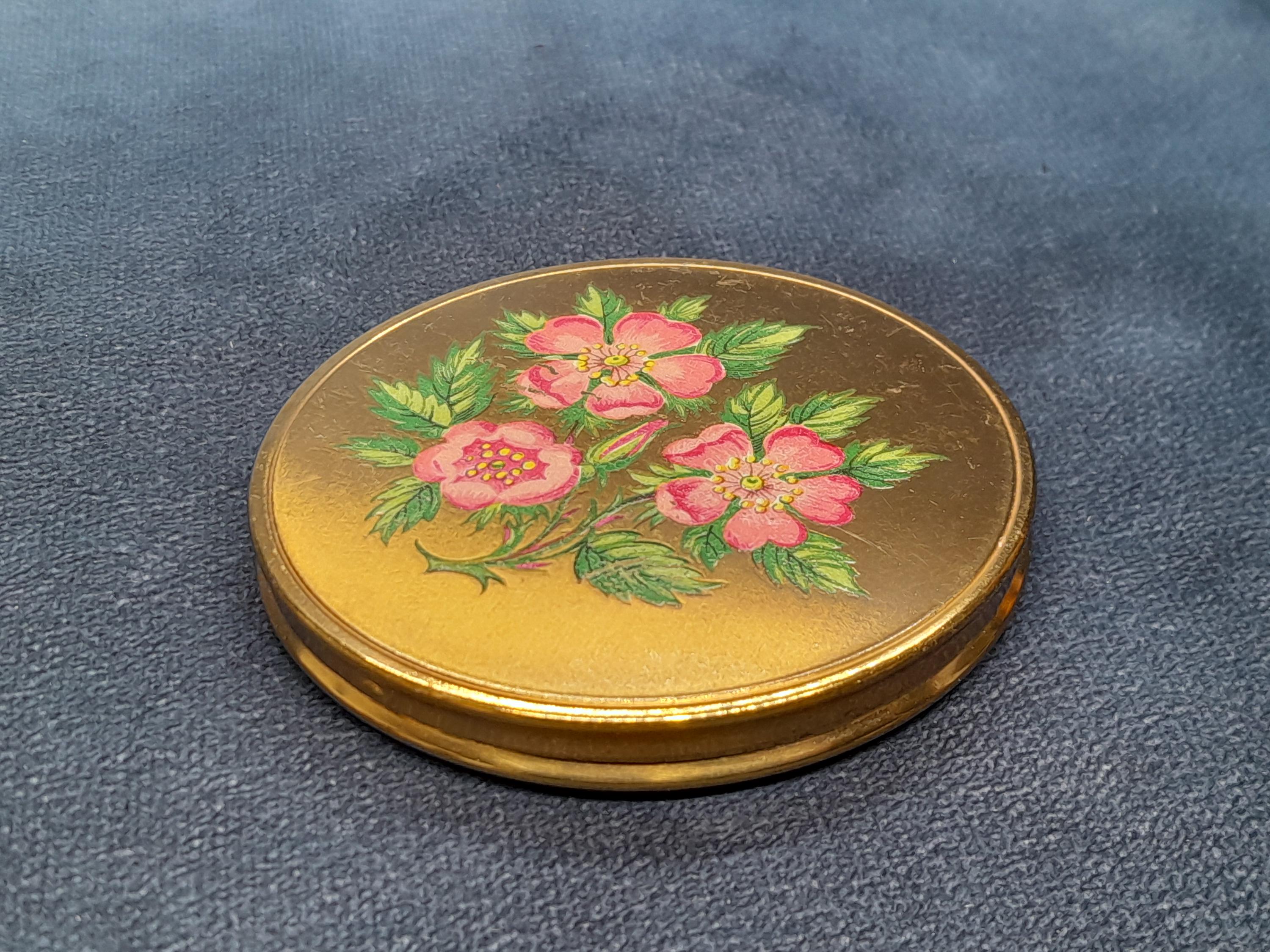 Vintage Compact Gold Mirror with Floral Pattern, Powder Case Retro Vanity Accessory Made in England