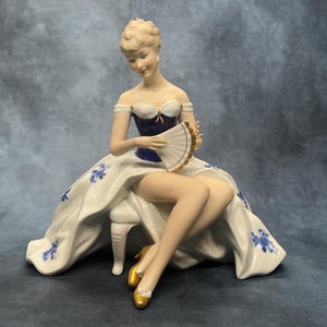 Large Wallendorf 1764 Ballerina Seated in Rococo Dress | Rare Colbat Blue Figurine | Circa 1960’s Germany | Premium Porcelain Figure