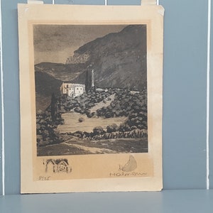 Schwarzweiss-Gravur alter Architektur eines Dorfes auf dem Hügel, 25.08. - Unbekannter Künstler