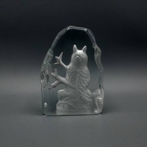 Owl Etched Relief Glass Paperweight, Vintage Paperweight
