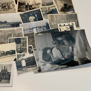 May include: A selection of monochrome photographs, capturing diverse scenes. The images feature people, architecture, and natural landscapes. Some photos show individuals in formal wear, while others depict informal outdoor activities.