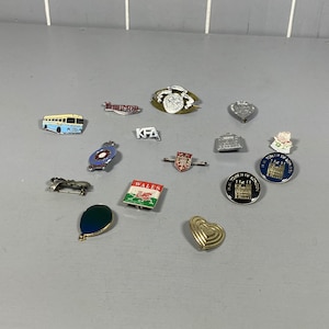 Peut inclure: Une collection de 14 épingles en émail présentant divers motifs, dont un bus, un cœur, une couronne, un château et un dragon. Les épingles sont disposées sur une surface gris clair.