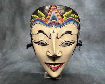 Maschera Topeng balinese intagliata a mano – Maschera tradizionale in legno dipinta per danza e teatro – Decorazione murale in stile popolare indonesiano